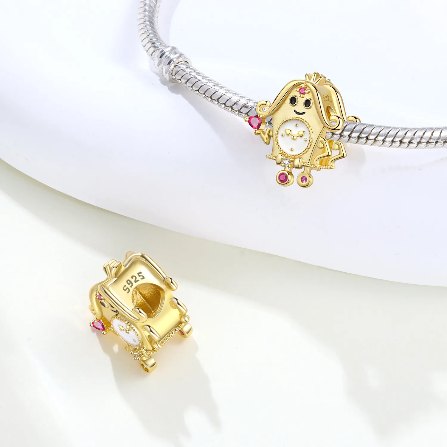 PANPOKI 925 Sterling Silver Golden Clock Queen Beads Pendant Beads Original Bracelet Charm Jewelry Party DIY Trendy Gifts