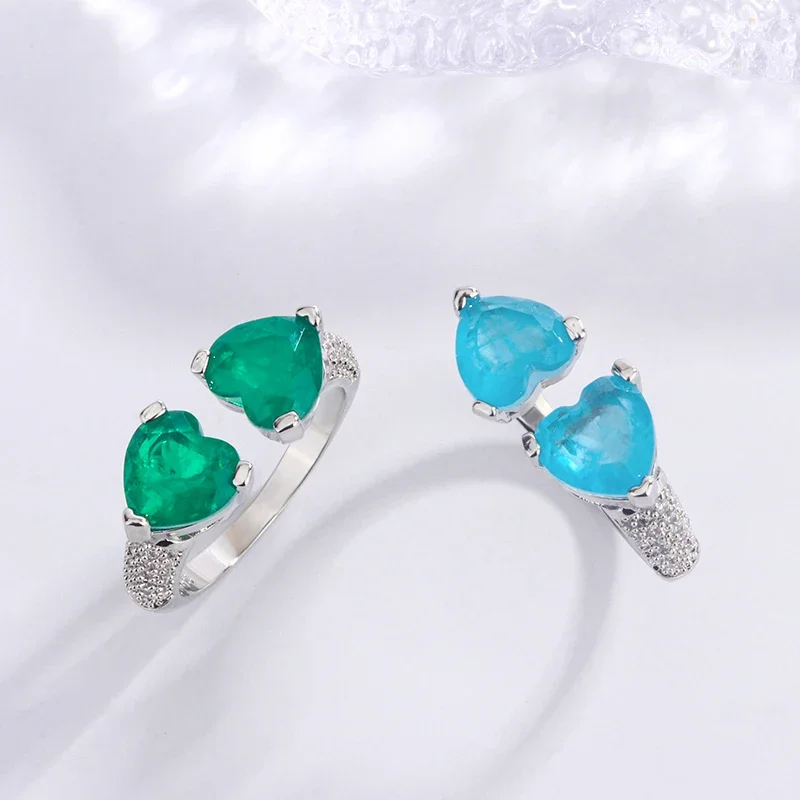 Delicate  Design S925 Silver Plated Heart Shape Imitation Jewelry Ring for Women Classic Temperament Open Green Blue Ring