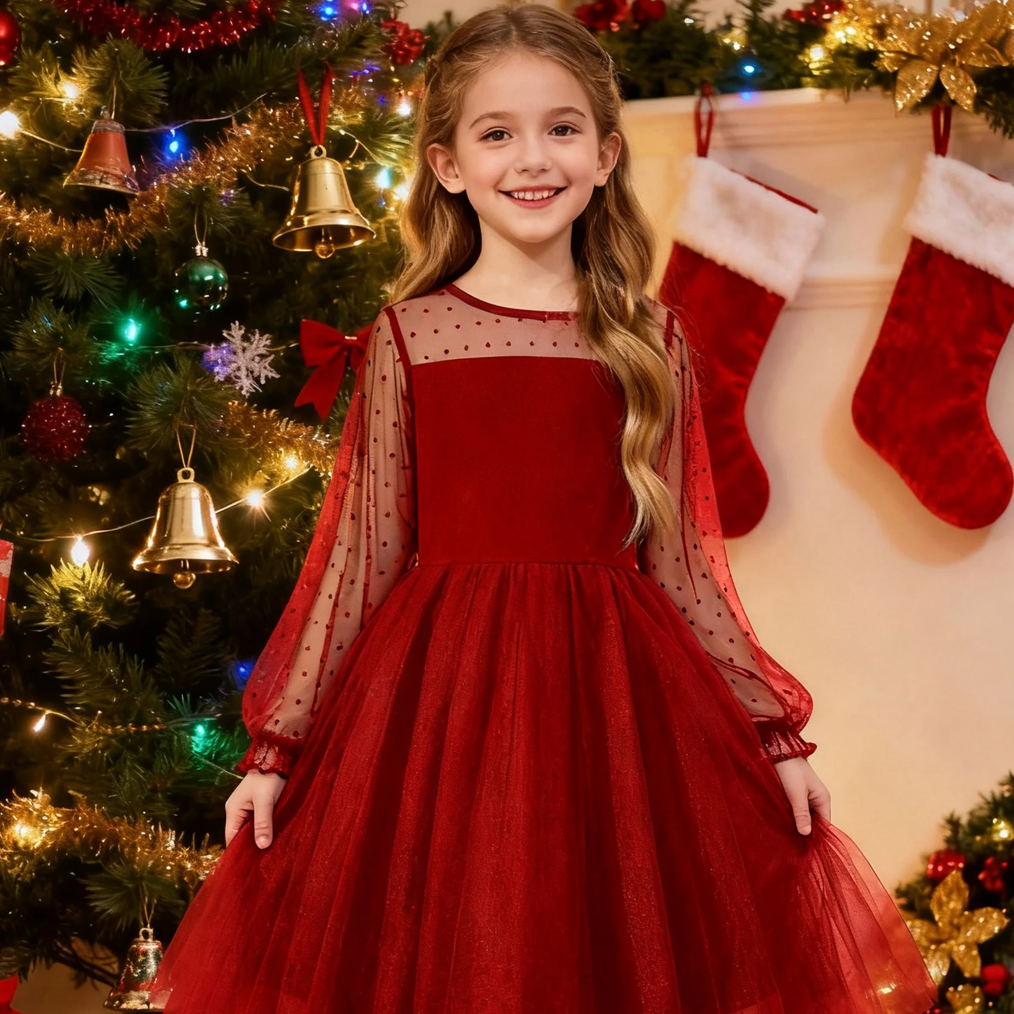 Christmas Lace long-sleeved girls' dress with flowing net fabric princess party dress for children performance formal occasion