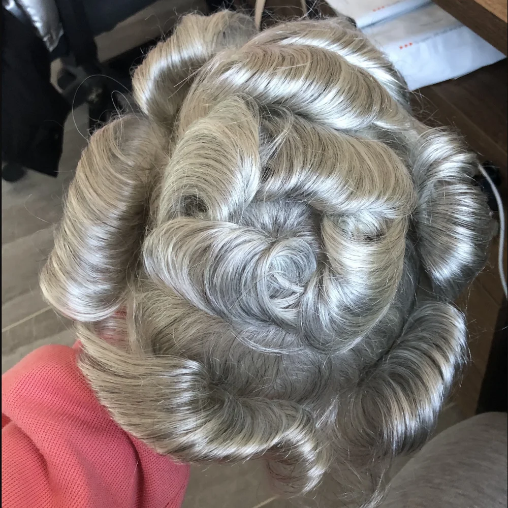 1B80 1B65 مزيج رمادي غير قابل للاكتشاف سوبر دائم رقيقة الجلد الذكور شعر مستعار بني شعر الإنسان كامل بولي Mens رجل الشعر المستعار شعري طبيعي الاصطناعية #6