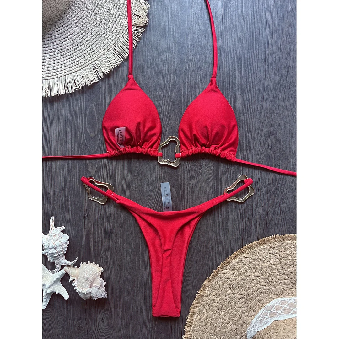 Glänzender Metallring Neckholder Mini-Tanga-Bikini Damen-Badeanzug Zweiteiliges Bikini-Set Badebekleidung Badeanzug Schwimmanzug V6438 – Detail 19