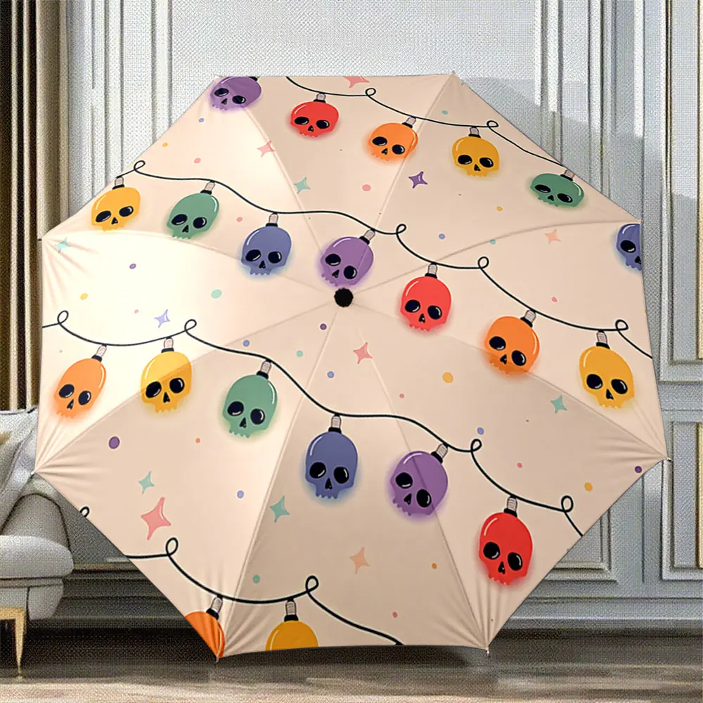 Colorful Skull String Lights Pattern Umbrella for Halloween Decor ,Portable Folding Umbrella, Gift for Family Friends