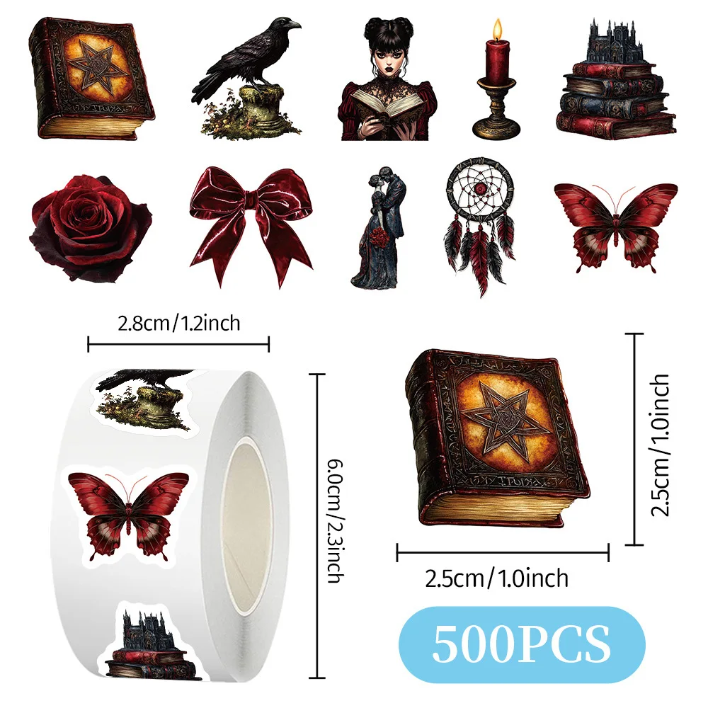 

500pcs/Roll Retro Horror Gothic Magic Stickers Magic Graffiti Stationery Diary Phone Case Horror Aesthetic Decoration Decal Gift