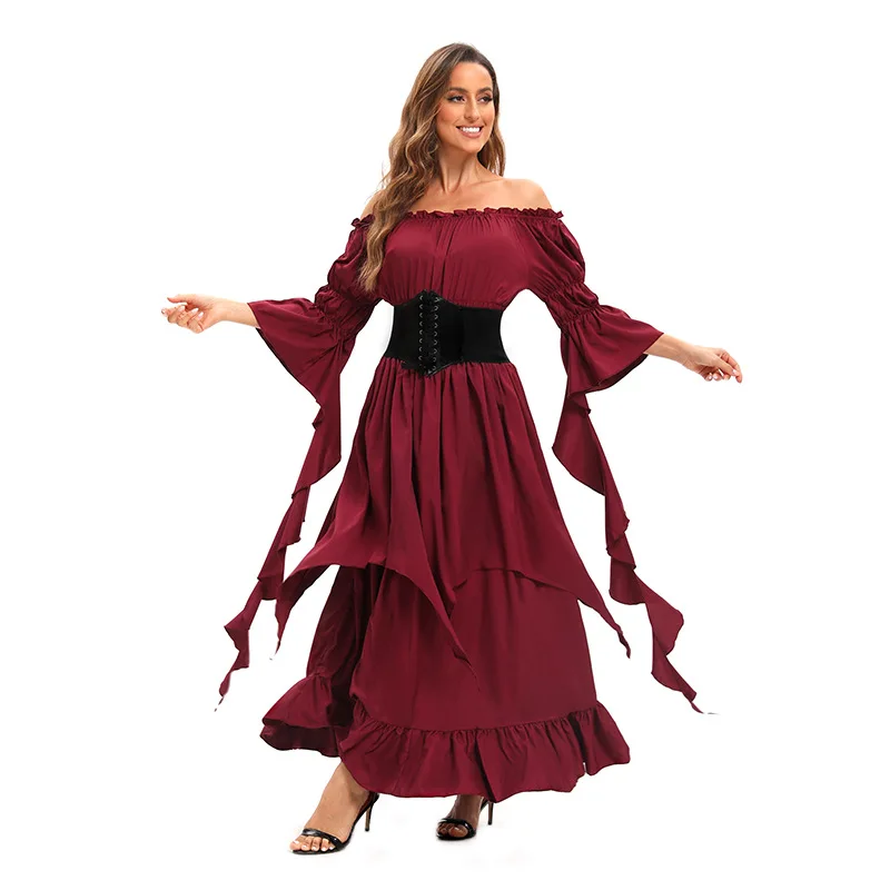 Medieval Dress Renaissance Costumes for Women Off Shoulder Corset Waist Shapewear Dress Halloween Red Black Green
