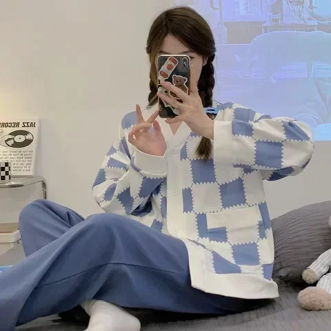 Pijama de manga larga para mujer, ropa de dormir femenina con estampado largo de otoño, conjunto de piezas de flores suaves a la moda para primavera, conjunto de algodón para mujer 2