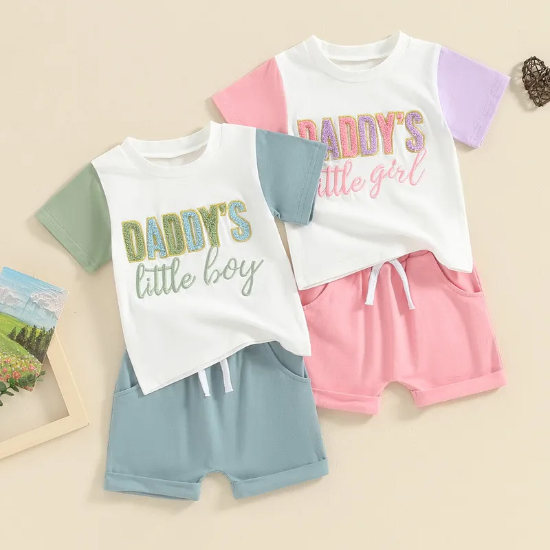 Toddler Boys Girls Summer Outfits Fuzzy Letter Embroidered Contrast Color Short Sleeve T-Shirts Tops and Shorts 2Pcs Clothes Set