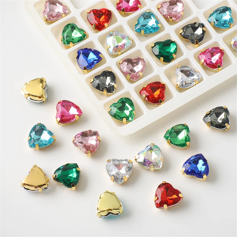 

20PCS/Bag 10 Color 10mm Heart Glass Sew on Rhinestone With Crystal Stainless Steel Golden Claw Setting DIY Clothes Wedding shoes