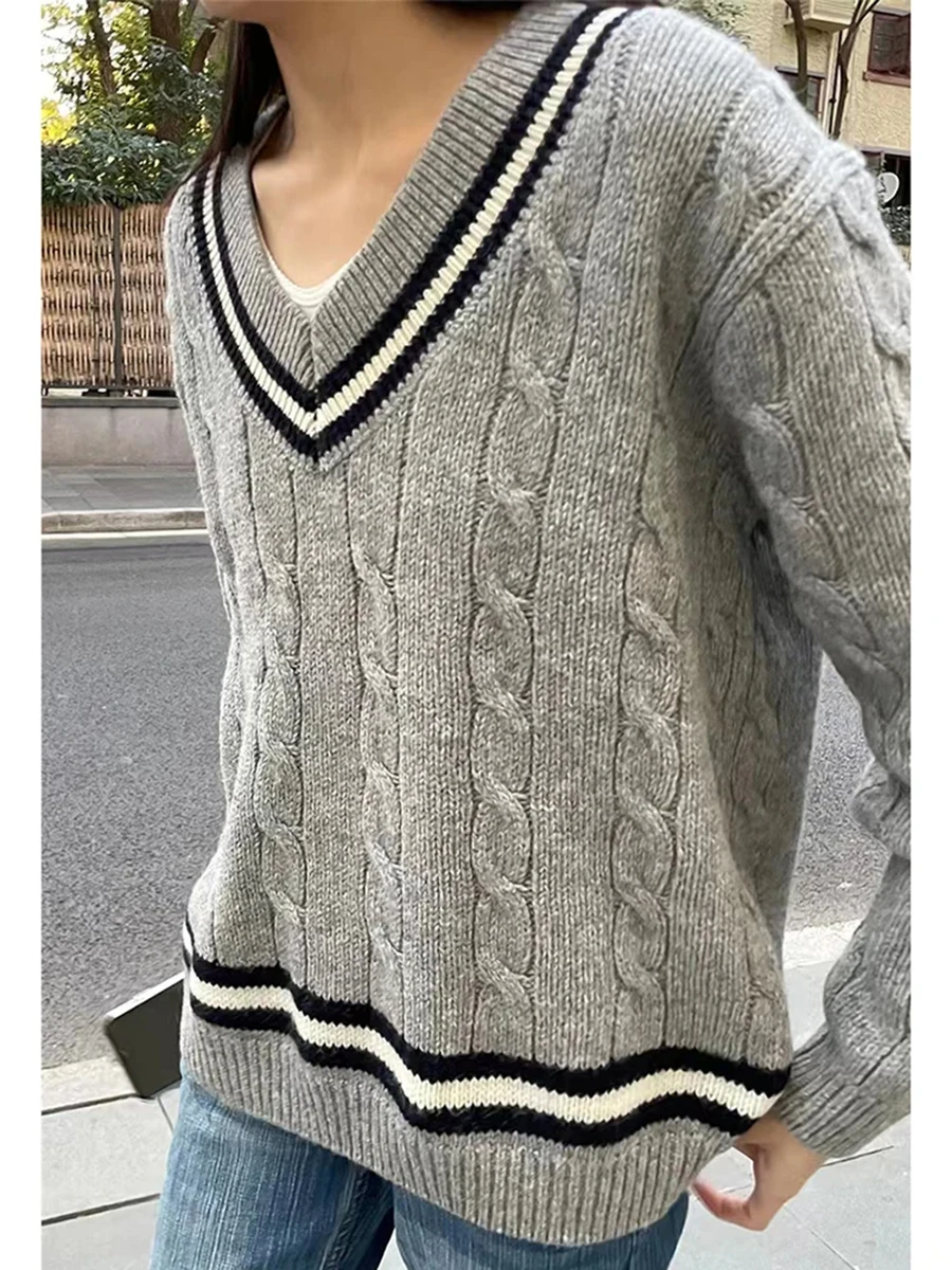 Vintage Striped Knit V-neck Sweater Women Autumn New Cotton Warm Preppy Style Streetwear Pullover Top Sweet Cute Chic Jumper Y2K