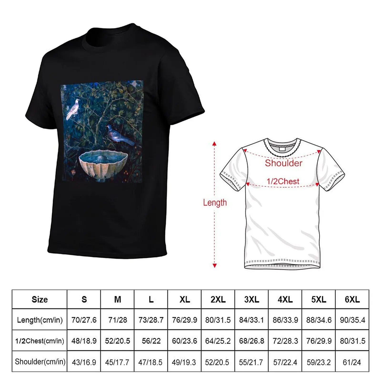 POMPEII COLLECTION / DOVES AND FOUNTAIN IN GARDEN ,BLUE GREEN FLORAL T-Shirt Novelty Graphic Tee Shirt