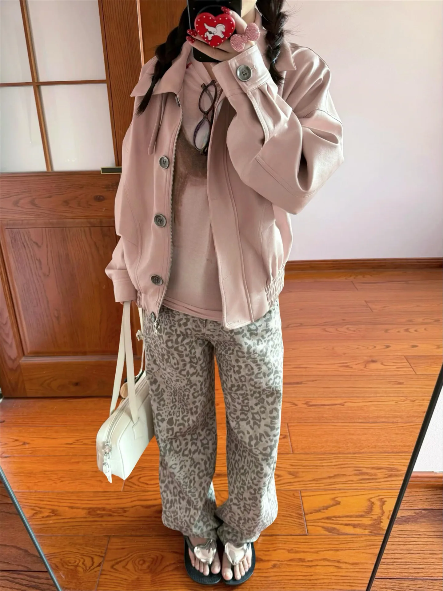 

American Style High Waist Wide Leg Jeans Women's Loose Fit Slimming Leopard Print Washed Spring Casual Cotton Straight Floor-...