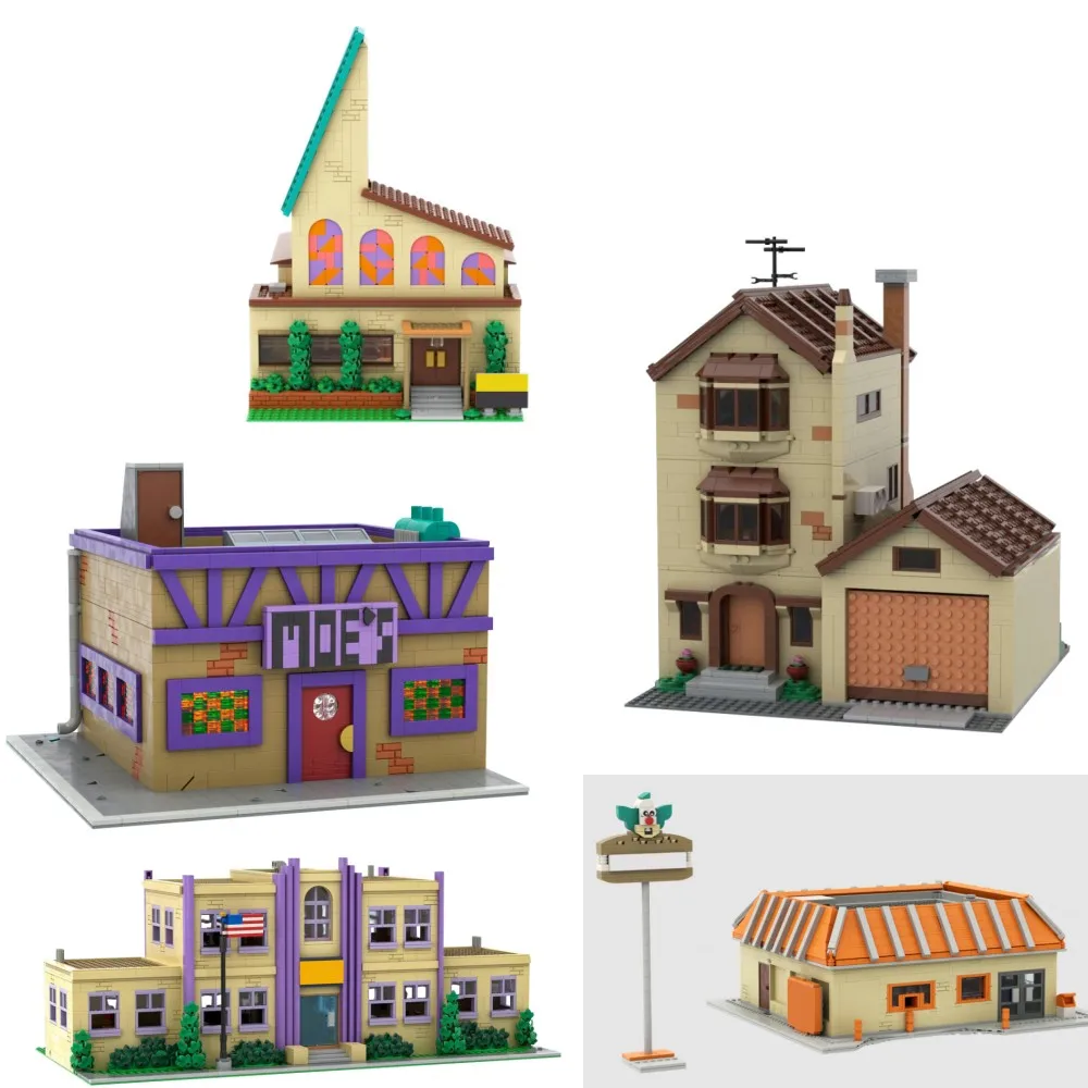 Moc modular springfields igreja blocos de construção modelo modular moes taverna tijolos modular springfield escola primária crianças brinquedo