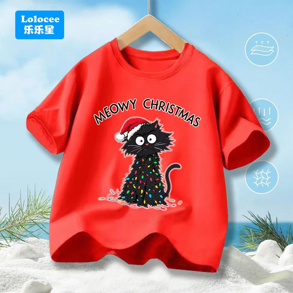 Teenager New Christmas Cat Printed T-shirt Fashion Casual Babyboy T-shirt Kids Shortsleeve Cotton Top Creative Boys T-shirt MSD1