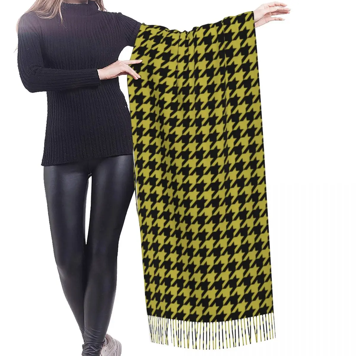 Custom Fashion Gold Houndstooth Plaid Pattern Scarf Wrap for Women Long Winter Warm Tassel Shawl Unisex Morden Scarves