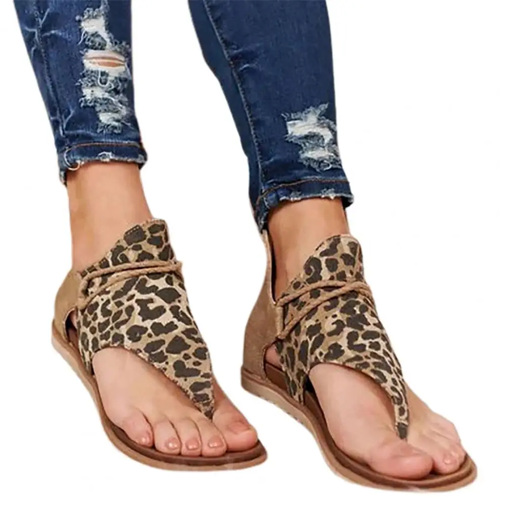 1 Pair Back Zipper Flats Heel Open Toe Beach Sandals Leopard Patchwork Clip-Toe Women Shoes Summer Casual Clip-Toe Shoes