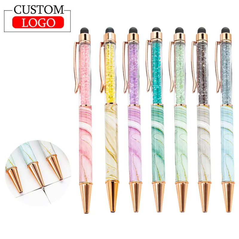 

10 шт., шариковая ручка с логотипом, мраморным кристаллом, шариковая ручка с термопереносом, индивидуальный логотип, офисный рекламный подарок, ручки с сенсорным экраном