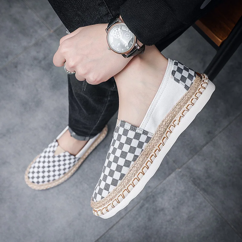 2024 Men Canvas Casual Shoes for Man Spring Summer Fashion Checkered Flat Fisherman Shoes New Design Slip-on Loafers