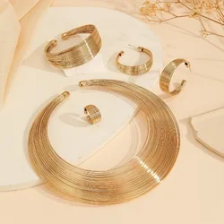 Exaggerated Metal Geometric Collar Torques Choker Necklace Earrings Bracelet Rings for Women Punk Gold Plated Jewelry Sets