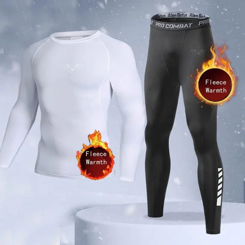 New 2-pieces Winter Warm Men Underwear Set Fleece Thermal Undershirts Long Johns Compression Tights Fitness Sports Tracksuit Set - view 2
