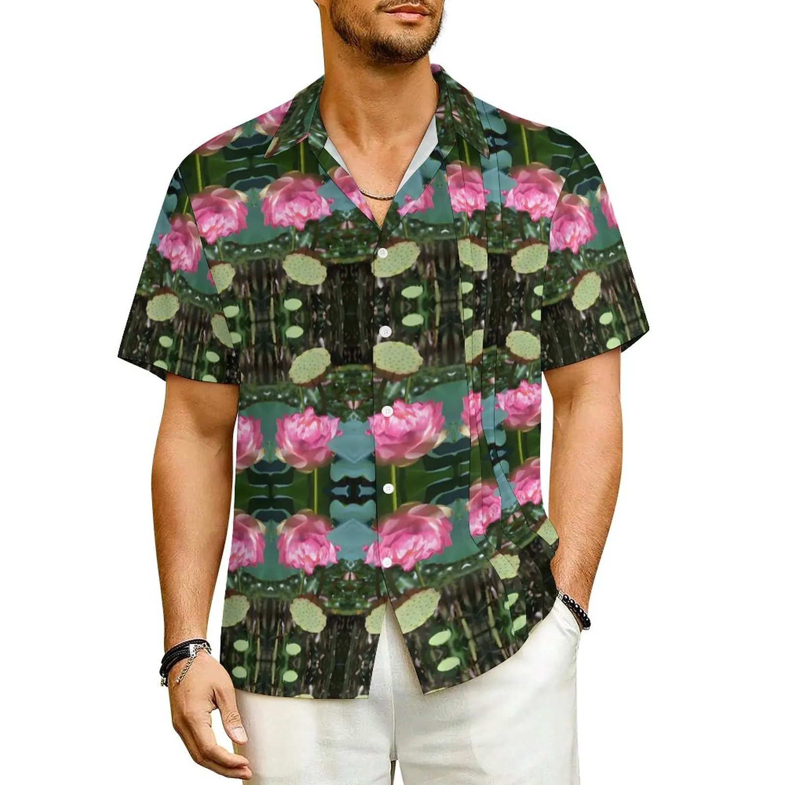 Camisa havaiana com estampa de lírio d'água masculina, camisas casuais de lótus rosa para férias, streetwear de manga curta, gráfico solto, blusas grandes