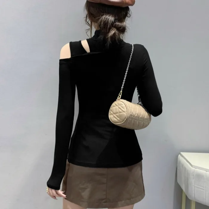 เสื้อยืดแขนยาวเซ็กซี่โชว์ไหล่ทรงเข้ารูป คอสูง สไตล์สตรีทแฟชั่น สำหรับฤดูใบไม้ร่วง หลากสี