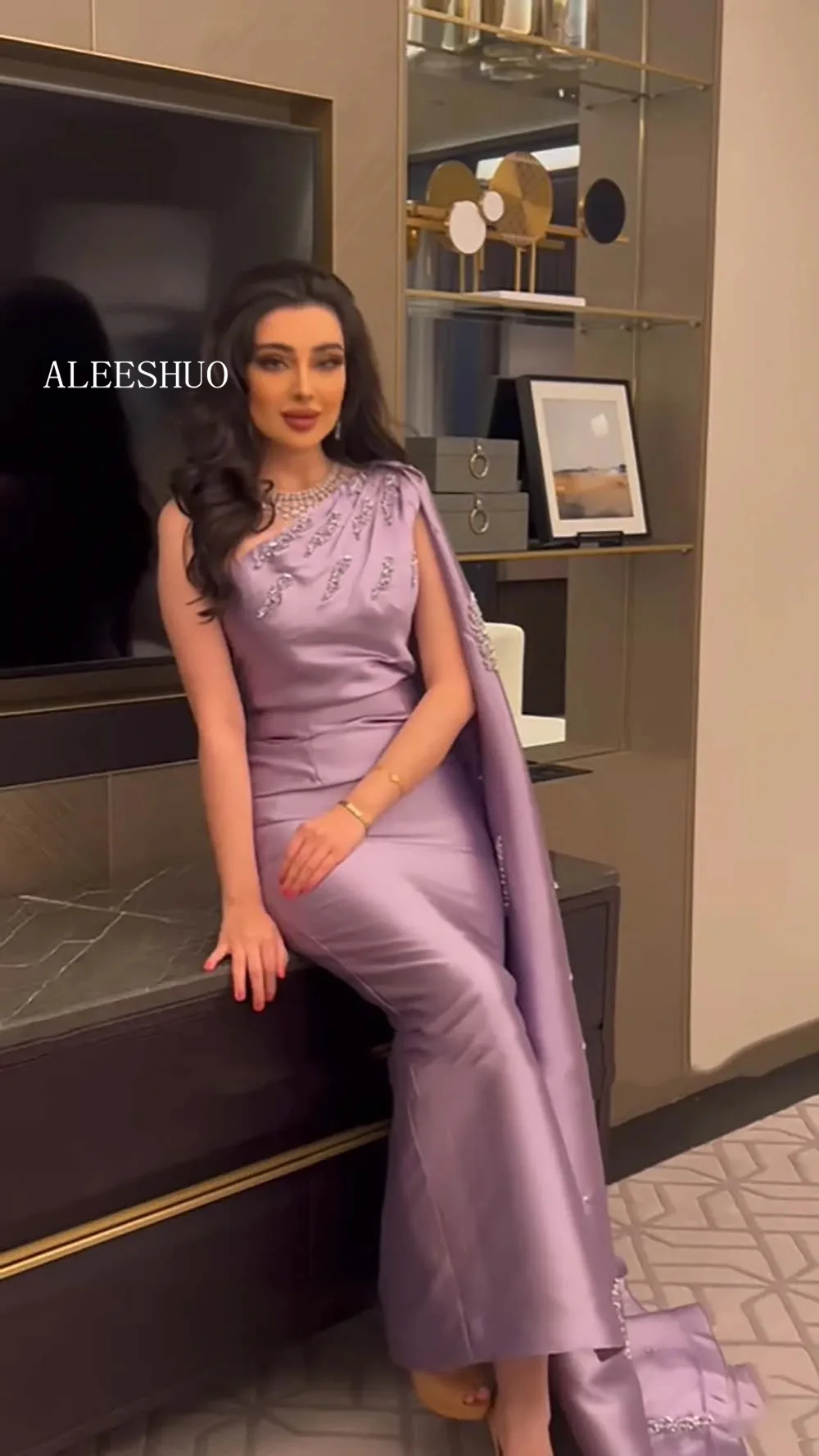 Aleeshuo Elegant One Shoulder Purple Prom Dresses With Cape Mermaid Evening Dress Sequin Formal Occasions Vestido De Noche