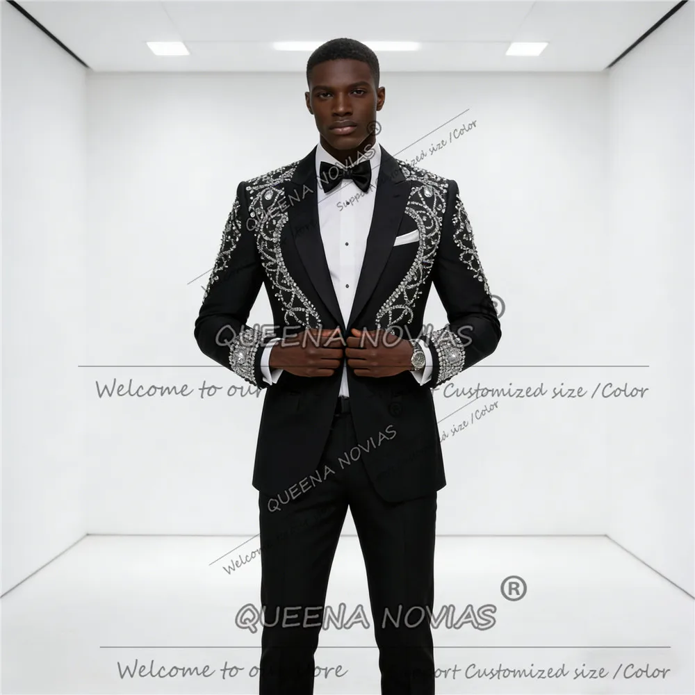 Man Fashion Jewelry Stones Suit Attire For Men Sparkly Beaded Prom Blazers Customized 3 Piece Set Beaded Groom Tuxedos Exclusive