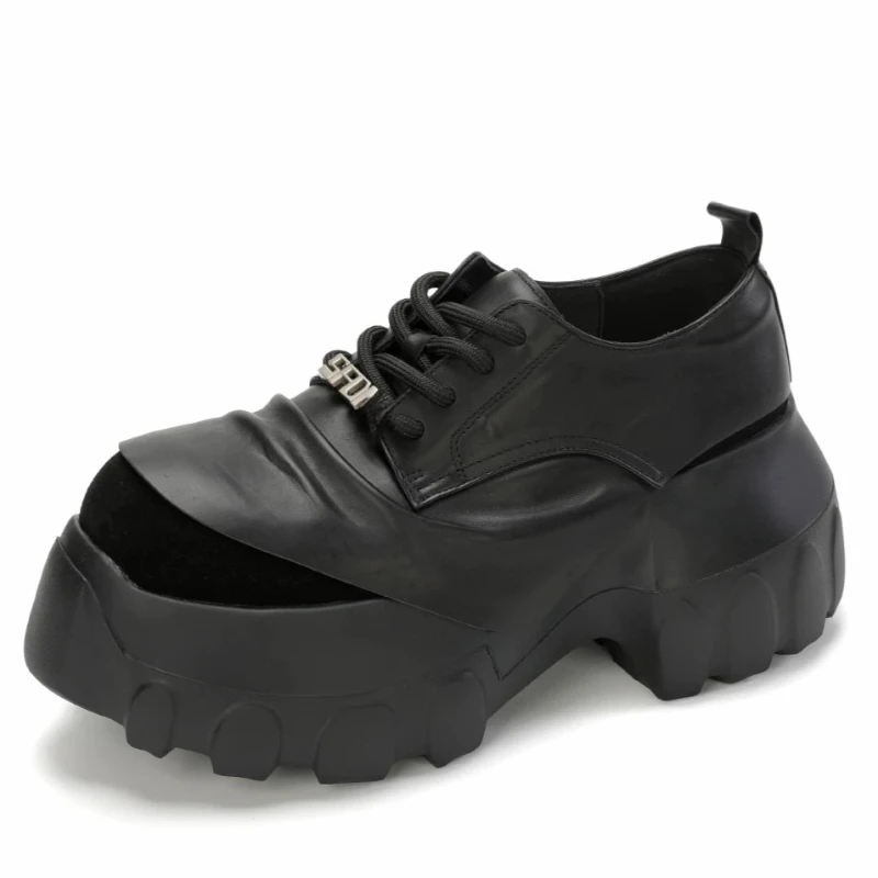 Genuine Leather Thick Soled Derby Shoes Men's British Style Retro Lace Up Casual Leather Shoes Versatile Height Increasing Shoes