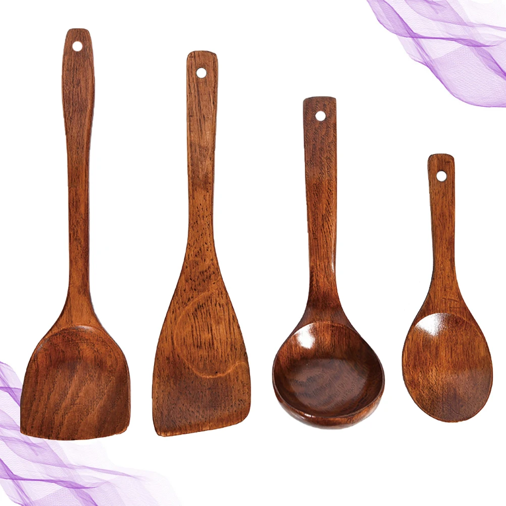 

4 in 1 Wooden Scoop Set Natural Wood Soup Spoon Handle Kitchen Utensil Food Serving Scoop Practical Tableware