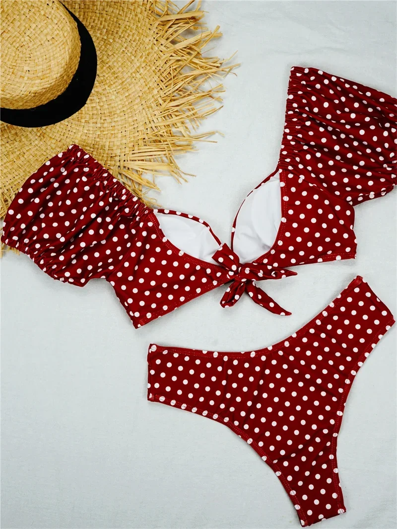 Women Polka Dot Print Bikini Set V-Neck Pleated Bubble Sleeve Separates Swimwear Female Sexy Swimsuit Beach Wear Two Piece Suits