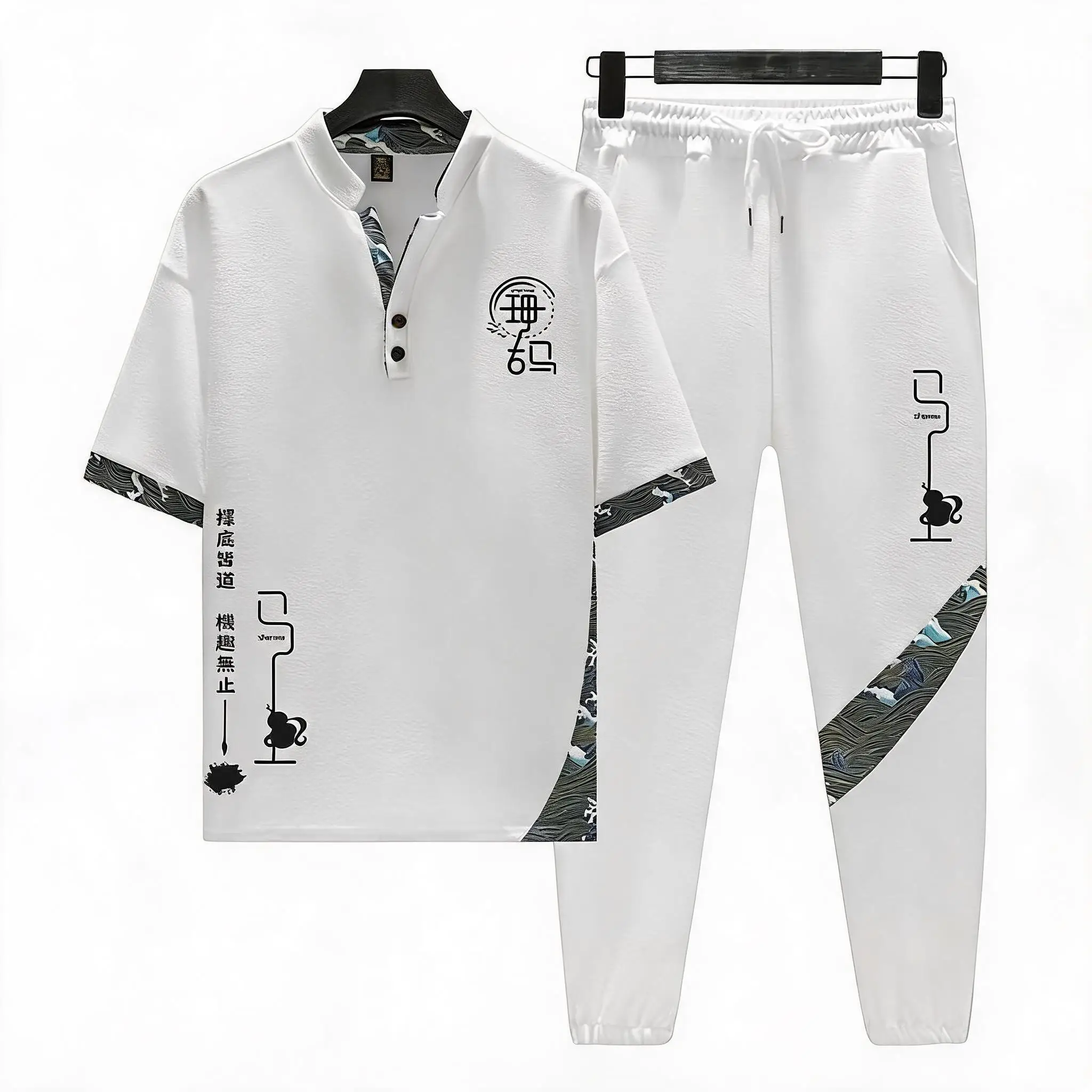 Summer New Fashion Trendy Print Ice Silk Breathable Short Sleeve T-shirt Set Men's Casual Loose Sport Plus Size Two-Piece Set
