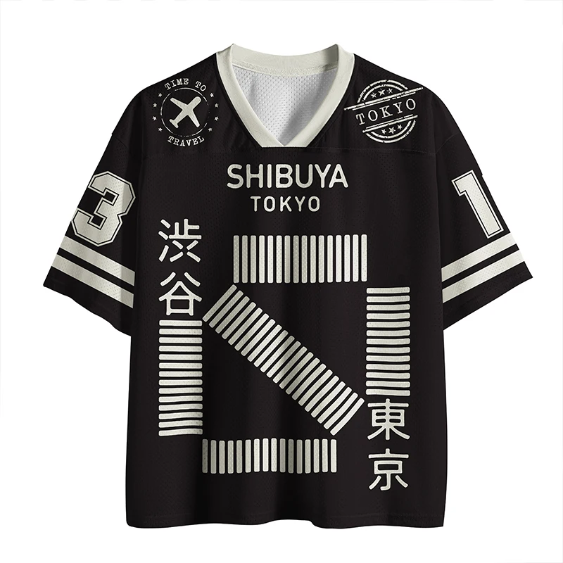 Camiseta de malla estilo callejero de Shibuya, Tokio, con estampado de letras japonesas, cuello en V, manga corta, top de marca a la moda