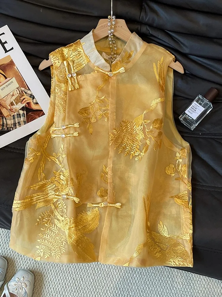 

Floral Embroidery Vest Women Sleeveless Embroidered Tops Chinese Style Ethnic Vintage Tang Vest