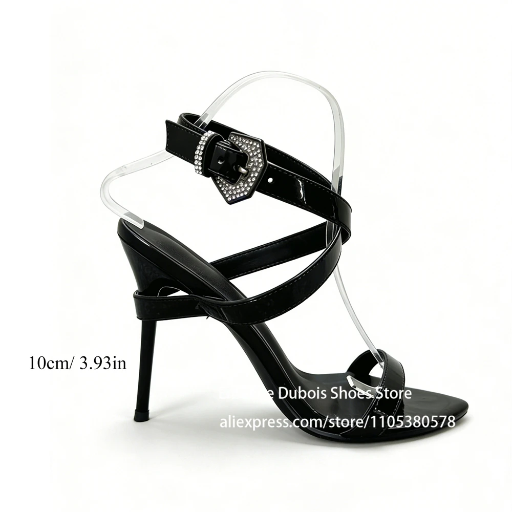 

Black Open Toe Sexy Stiletto Sandals Cross Straps Rhinestone Buckle Heels Plus Size Summer Shoes Women Custom Colors Available