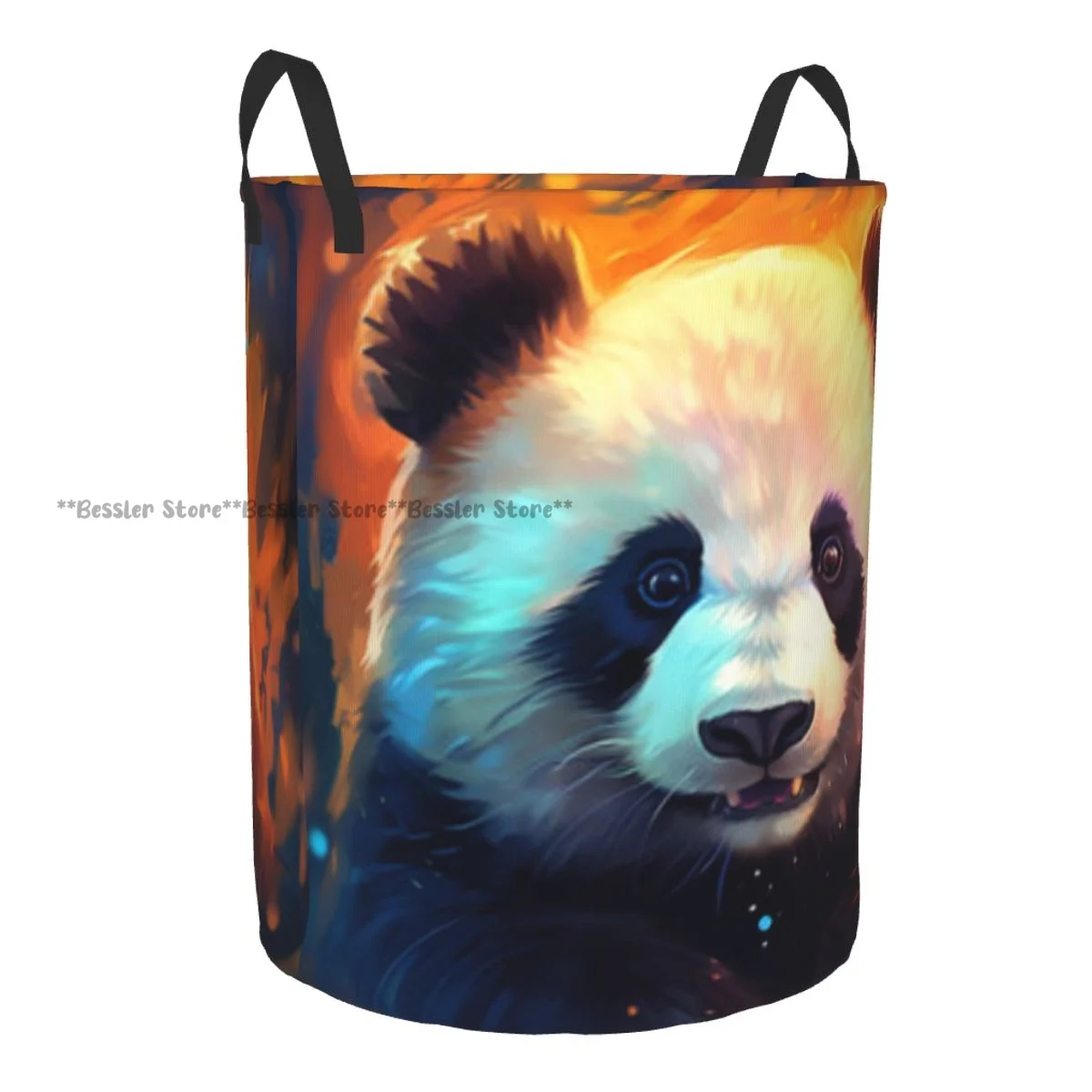 Laundry Basket Panda Bear On Fire Background Round Storage Bin Collapsible Hamper Clothes Bucket Organizer