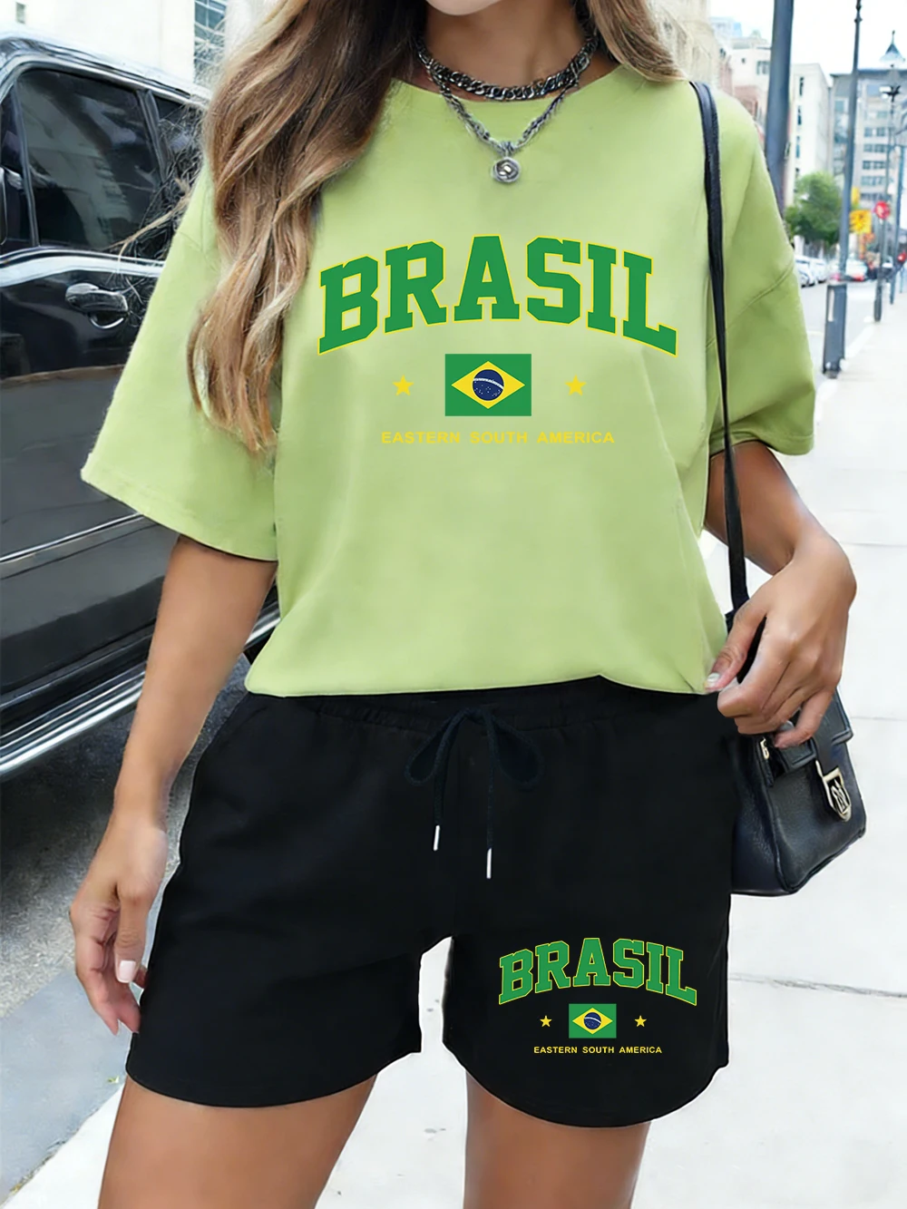 

Brasil Eastern South America Prints Cotton Tops Shorts Womens Casual 2 Pieces Set T-Shirts Pants Summer Oversized O-Neck Clothes