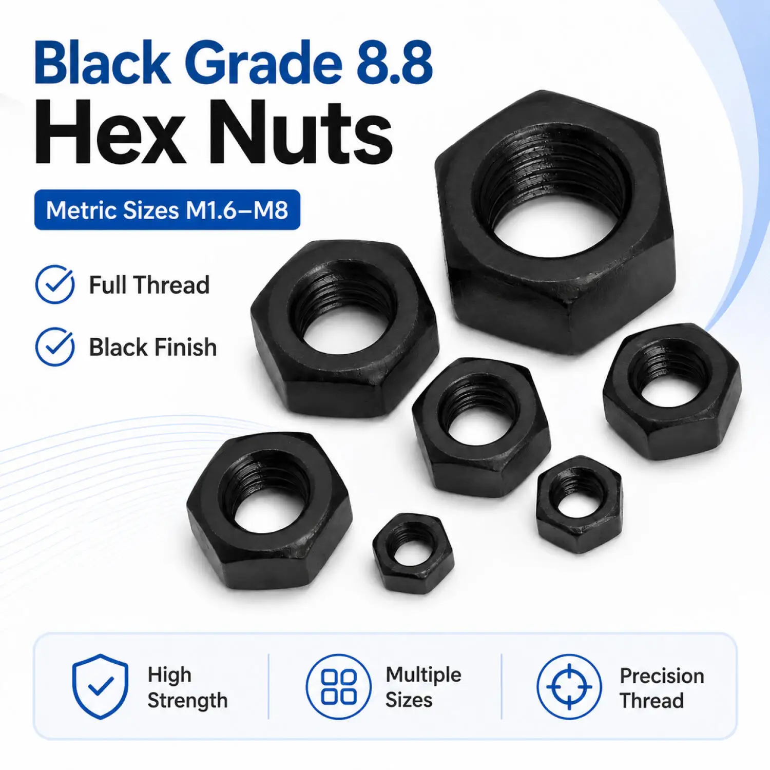 25-200Pcs Black Grade 8.8 Hexagon Nut Set, Carbon Steel Hex Nut Assortment M1.6 M2 M2.5 M3 M4 M5 M6 M8 Metric Thread Fastener