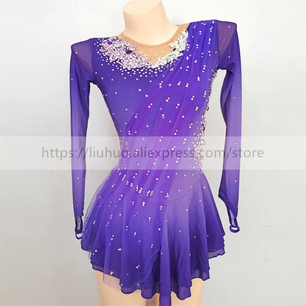 LIUHUO Women Aldult Girl Customize Costume Performance Competition Leotard Ice Figure Skating Dress Dance Roller Purple Teen Kid