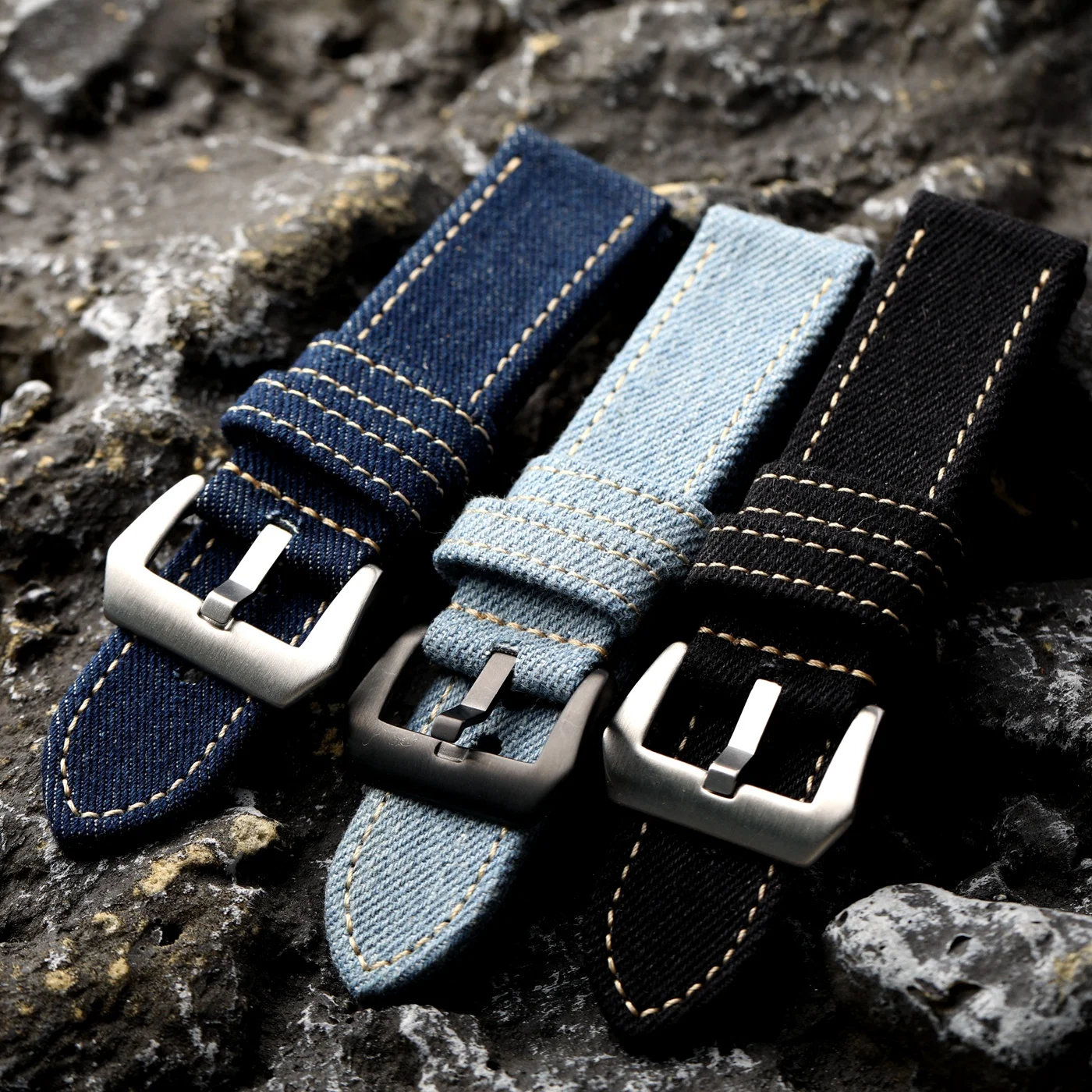 Japanese Gangshan denim strap, 22MM 24MM blue black double-layer retro canvas strap, suitable for diving watches, waterproof