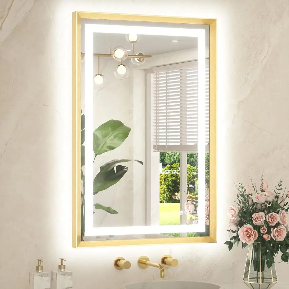 

24 x 36 Bathroom LED Mirror Brushed Gold Metal e rontlit & Backlit Vanity Mirror Anti-og SteplDimmable 3 ColWhite/Warm/Natural M