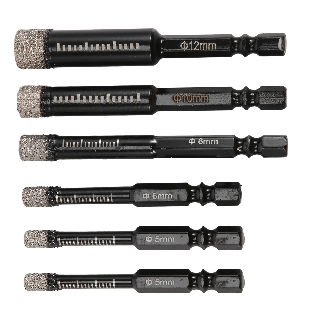 ABIS-6Pc Black Dry Diamond Drill Bits Set for Granite Ceramic Marble Tile Stone Glass Hard Materials 5/6/8/10/12mm