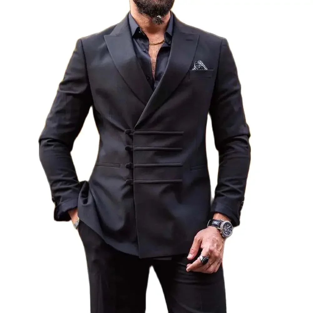 Classic Black Men Suits 2 Piece New Fashion Peak Lapel Business Casual Wear Party Wedding Groom Tuxedo Blazer with Pants 2023