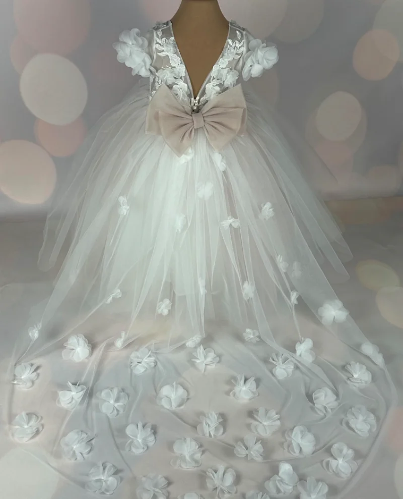 Robe de Princesse à Fleurs pour Fille, Tenue de Soirée de Mariage, en Dentelle Florale, Appliques en Tulle, de Bal, de Première Communion, avec Traîne Amovible