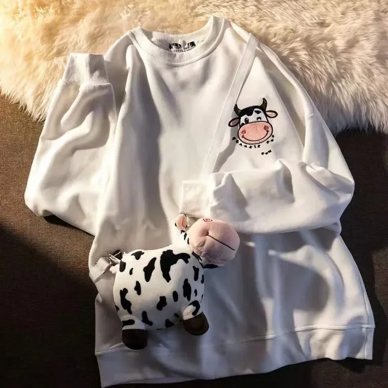 Kawaii Cow Print Sweatshirt Women Japanese Harajuku Cute Milk Embroidered Long Sleeve Hoodie Sweatshirt 2023 Fashion Korean