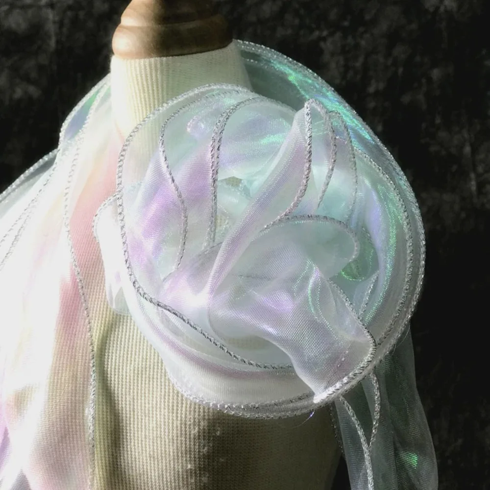 

Mermaid Silver Silk Transparent Illusion Waves Laser Gradient Lace Water Wave Ruffles Handmade Fabric Designer Accessories