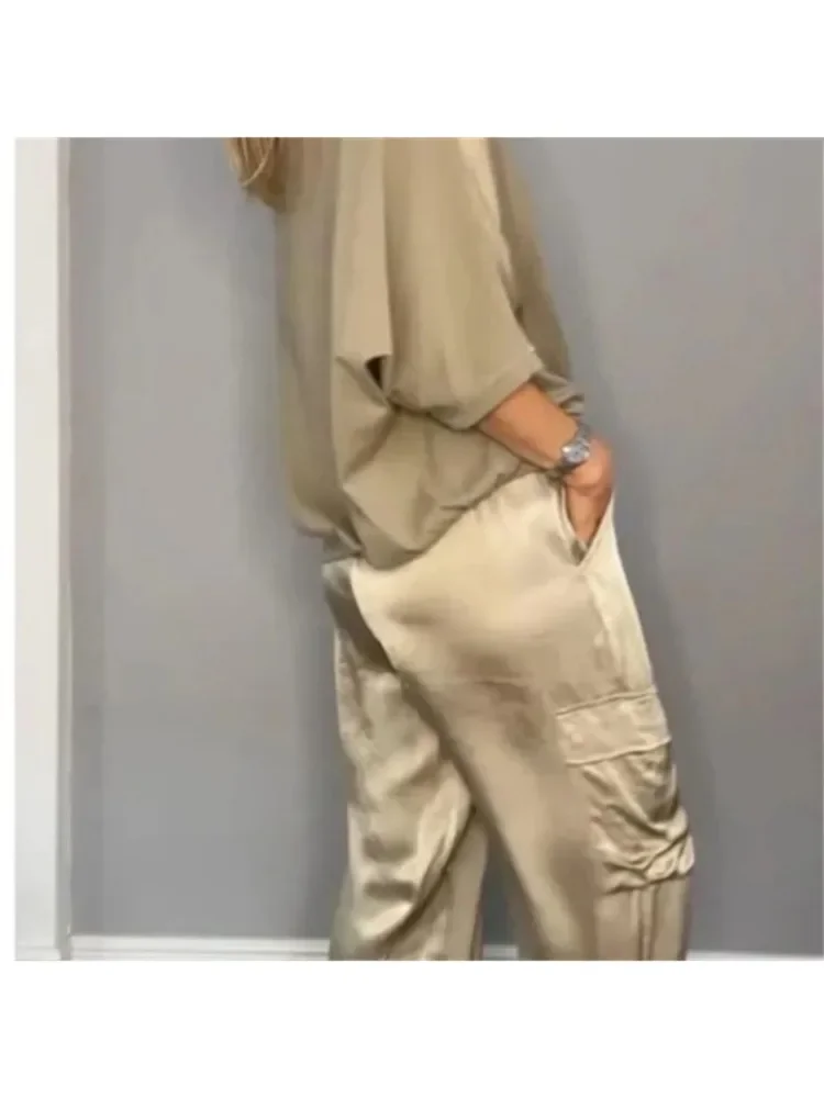 Women Spring Summer Fashion Solid Color Satin Two Piece Set Round Neck Long sleeved Top Long Pants Casual Loose Two Piece Set