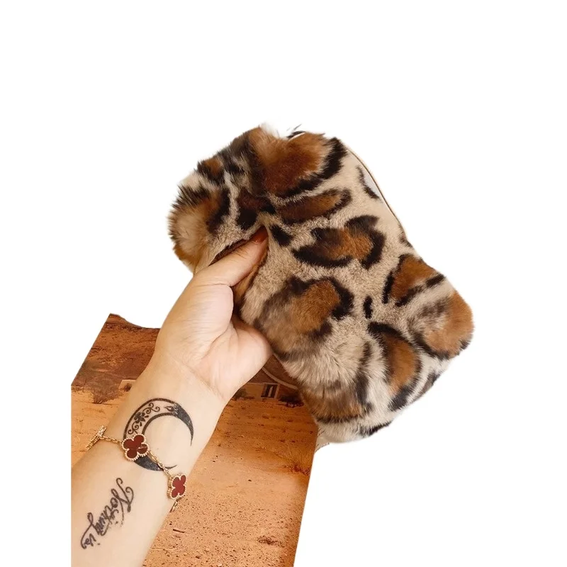 Women's new Rex rabbit fur small bag, fur small bag IP mobile phone bag diagonal span real fur leopard print