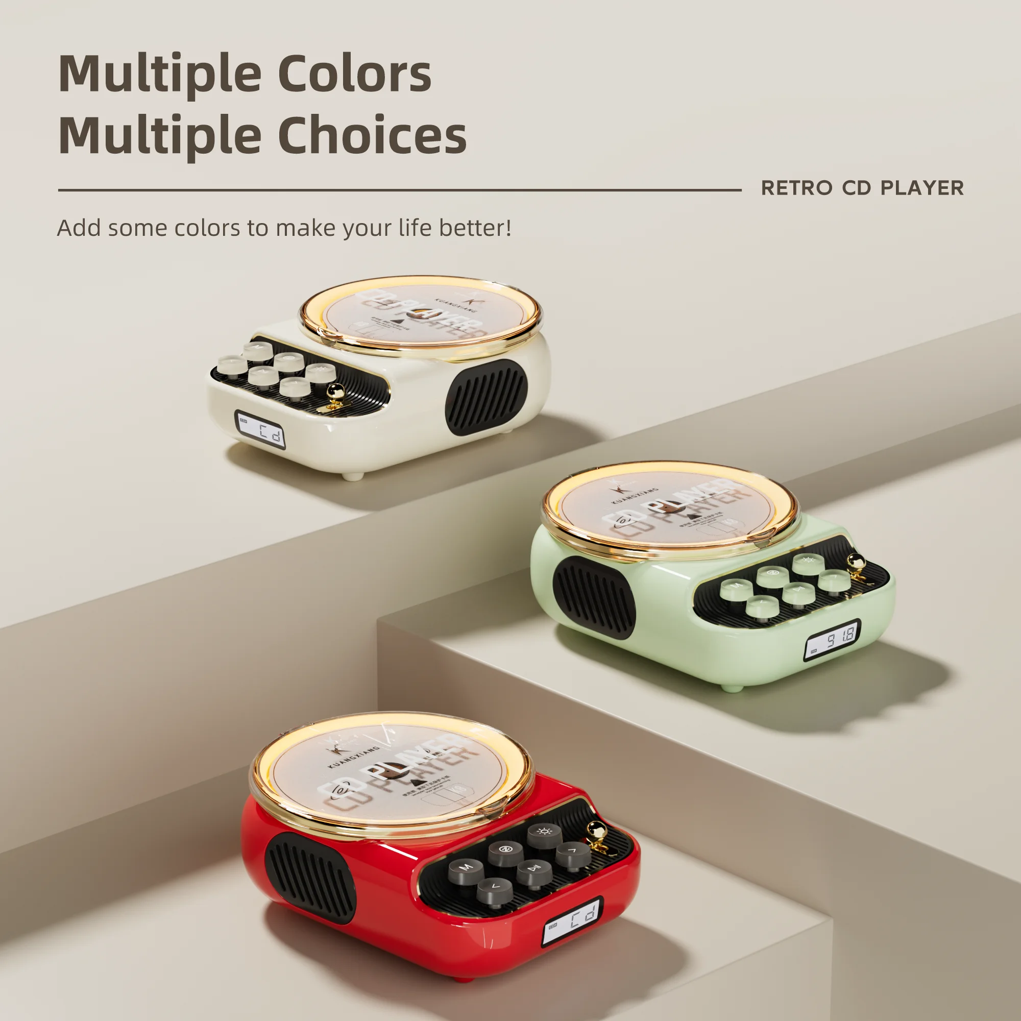 مشغل أقراص مضغوطة بتصميم عتيق من المصنع الأصلي 4 في 1 مكبر صوت محمول مع راديو FM وإضاءة ليلية دافئة #6