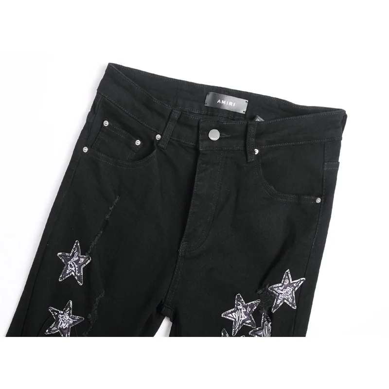 2024 high-end biker men's jeans personalized pentagonal embroidery holes black stretch fashion small straight pants men's pants