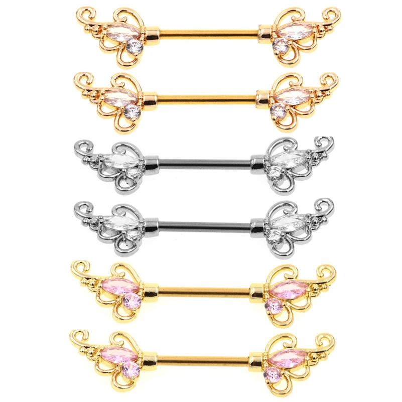 2Pcs 1.6x15mm Nipple Piercing Barbell Oval Crystal Flower Nipple Ring Helix Clear AAAA Zircon 14G Stainless Steel Nipple Jewelry