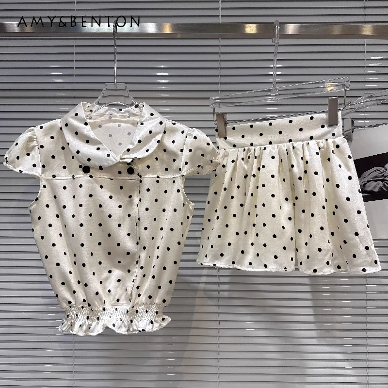 

Sweet Doll Collar Polka Dot Waist-cinching Shirt Vest 2026 Summer New Apricot Satin Versatile Age-reducing Skirts Suits Ladies